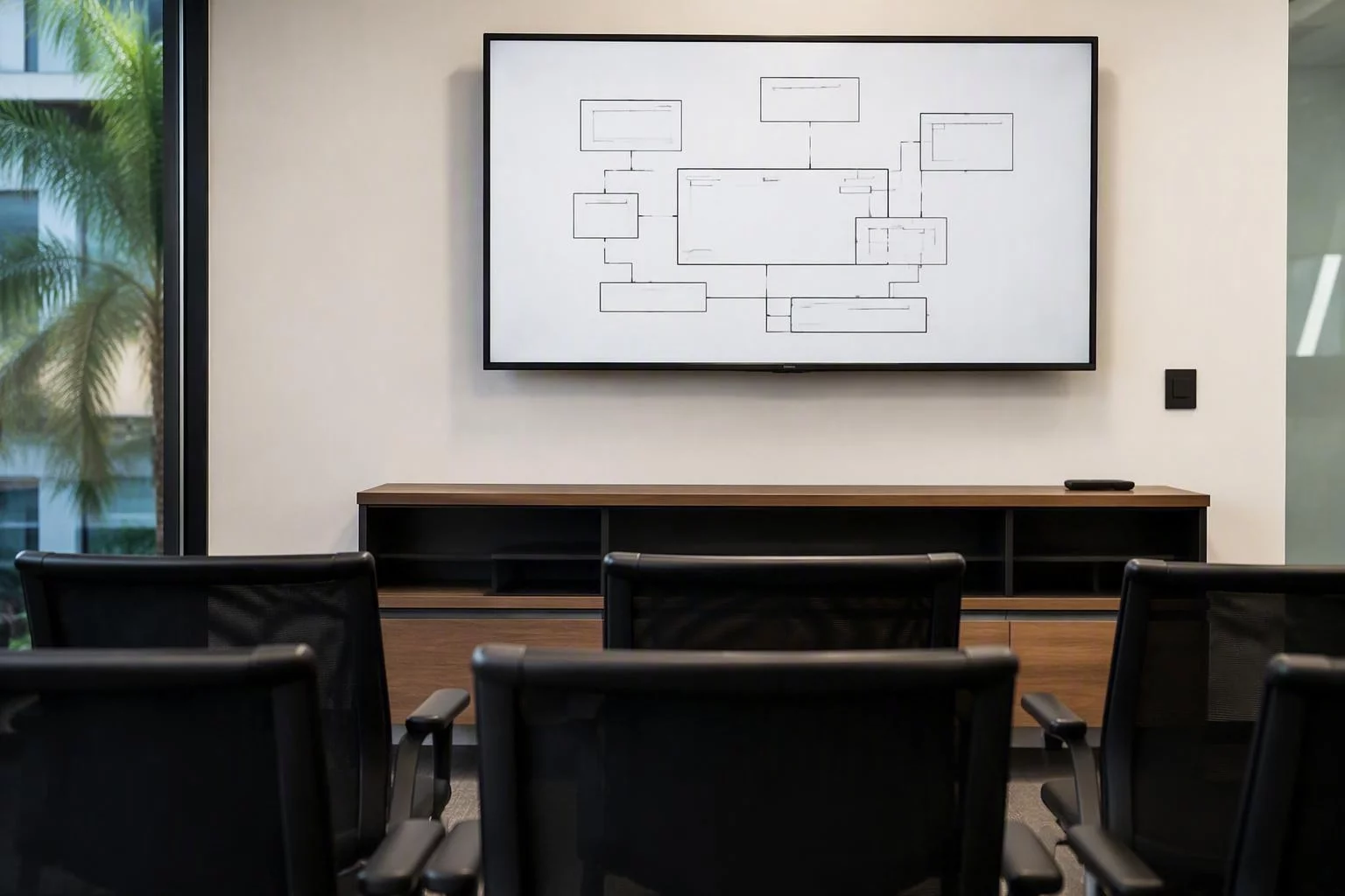Cadeiras vazias diante de uma tela com diagrama de sistemas