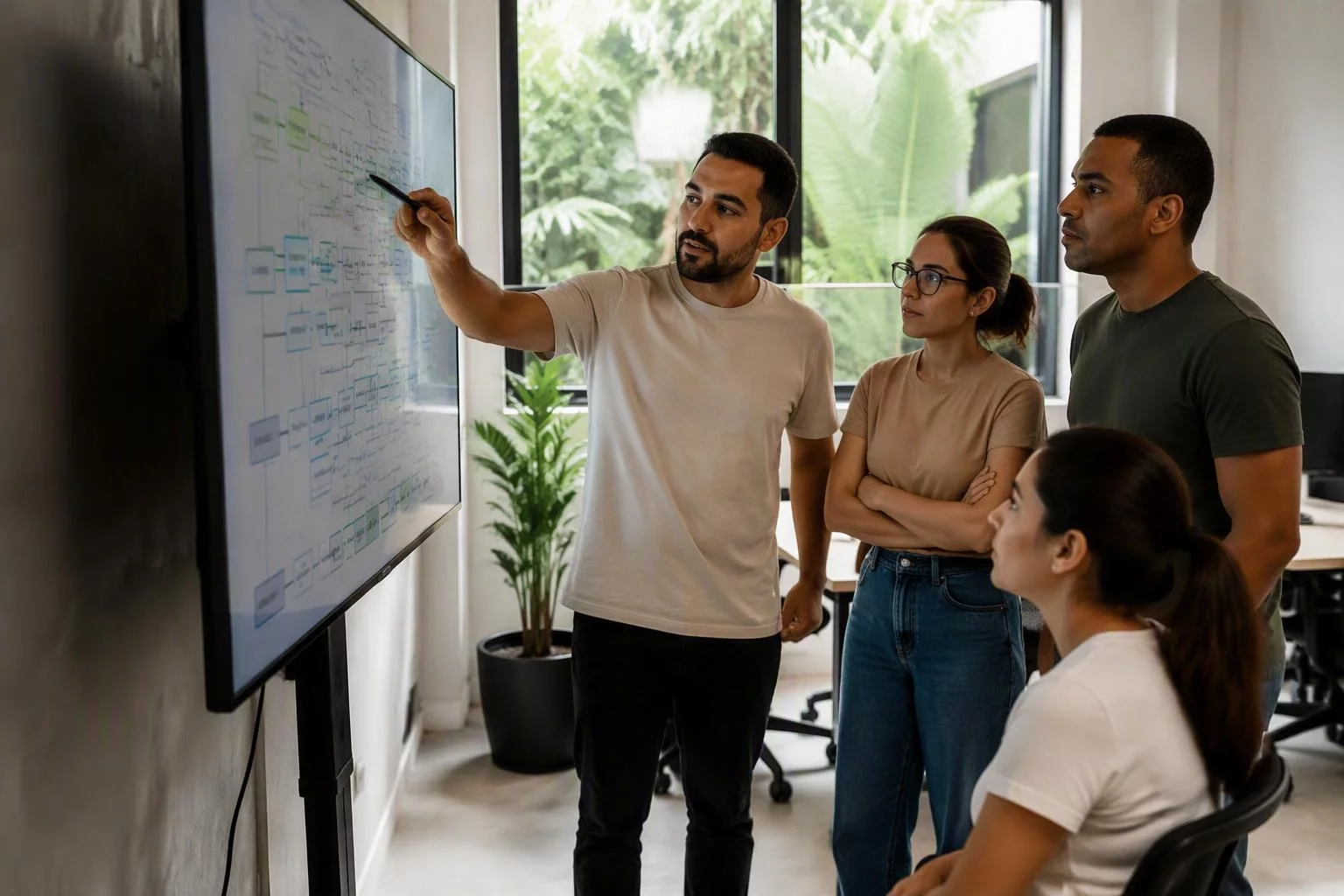 Equipe reunida em volta da tela conferindo o desenho das conexões
