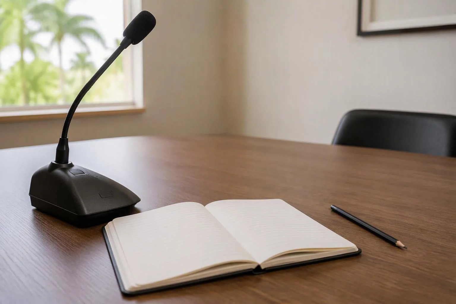 Microfone de mesa ao lado de um caderno de reunião